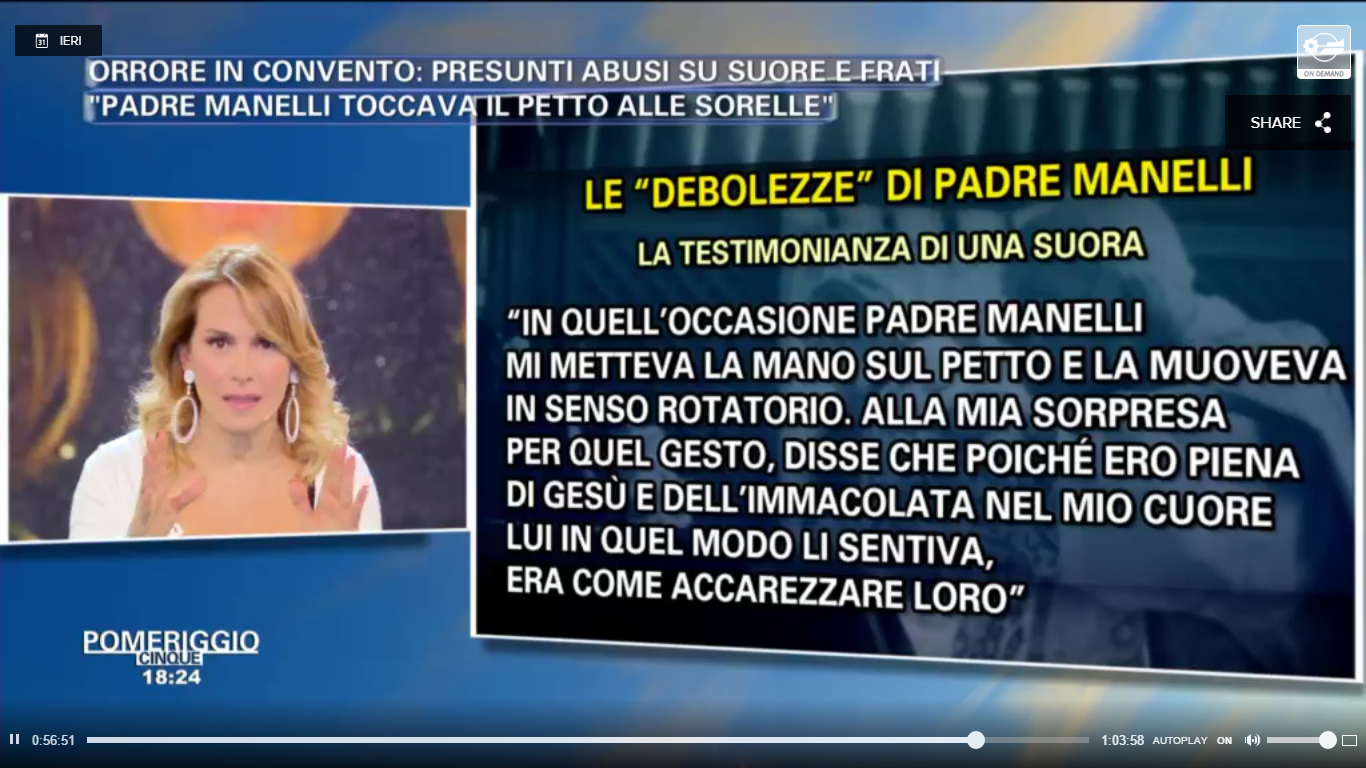 “Padre Manelli toccava il petto alle suore”, la testimonianza a Pomeriggio 5