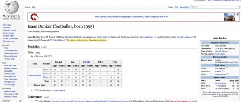 Avellino Calcio, pagina Wikipedia di Donkor modificata: “Calciatore molto scarso”