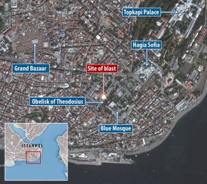 La mappa della città di Instabul e il luogo dell'attentato